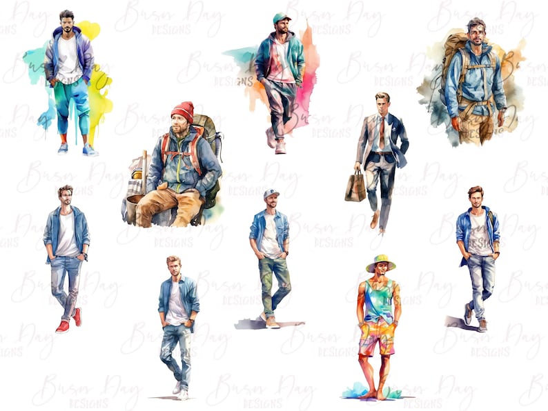 May include: A digital illustration of ten men wearing different outfits. The men are drawn in a watercolor style and are standing in various poses. The illustration is set against a white background.