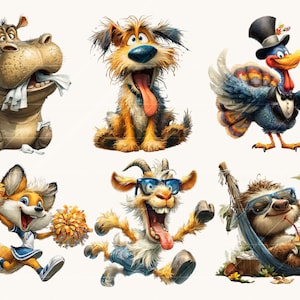 May include: Six cartoon animal illustrations. A hippo with a tissue, a dog with its tongue out, a turkey in a tuxedo, a fox with pom-poms, a goat wearing sunglasses, and a sloth in a hammock, all in a cartoon style.