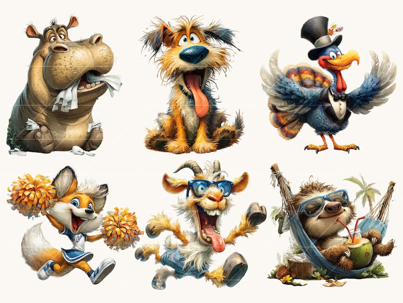 May include: Six cartoon animal illustrations. A hippo with a tissue, a dog with its tongue out, a turkey in a tuxedo, a fox with pom-poms, a goat wearing sunglasses, and a sloth in a hammock, all in a cartoon style.