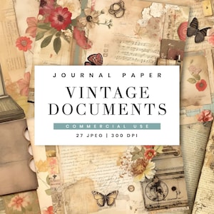 May include: A digital collage of vintage papers, including a typewriter, a clock, and floral designs. The text "Journal Paper Vintage Documents Commercial Use 27 JPEG | 300 DPI" is displayed on a white background.