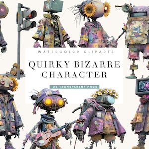 May include: Watercolor clip art featuring quirky, bizarre characters. The characters are robots with unique designs, wearing patchwork jackets and adorned with sunflowers, daisies, and other elements. The image includes the text "QUIRKY BIZARRE CHARACTER" and "25 TRANSPARENT PNGS."