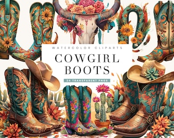Clipartbundel cowgirllaarzen met bloemen: sublimatieontwerpen (digitale download)