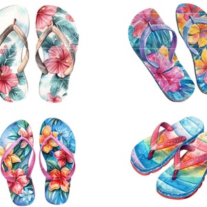 May include: Four pairs of colorful flip-flops with floral and rainbow patterns. The flip-flops are made of rubber and have a comfortable design.