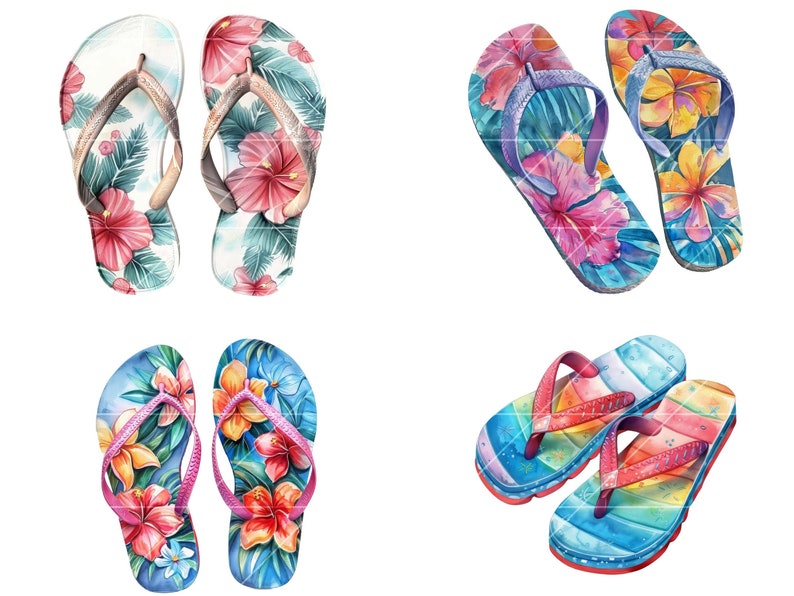 May include: Four pairs of colorful flip-flops with floral and rainbow patterns. The flip-flops are made of rubber and have a comfortable design.