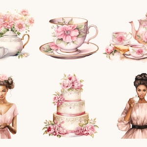 May include: A watercolour illustration of a tea party featuring a teapot, teacups, a cake, and two women. The teapot and teacups are decorated with pink flowers. The cake is a three-tiered white cake with pink flowers. The women are wearing pink dresses and holding teacups.