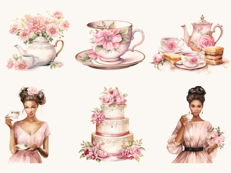 May include: A watercolour illustration of a tea party featuring a teapot, teacups, a cake, and two women. The teapot and teacups are decorated with pink flowers. The cake is a three-tiered white cake with pink flowers. The women are wearing pink dresses and holding teacups.
