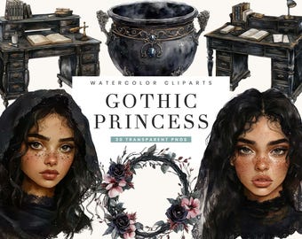 Watercolor Gothic Princess Clipart Bundle: 30 PNG Designs (Digital Download)