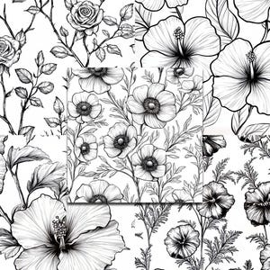Op de afbeelding: Zwart-wit bloemenpatroon met rozen, hibiscus en andere bloemen. De gedetailleerde lijntekening cre&euml;ert een klassiek, elegant ontwerp. De afbeelding toont een verscheidenheid aan bloemstukken, perfect voor stof of behang.