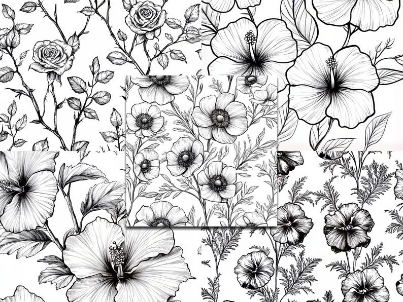Op de afbeelding: Zwart-wit bloemenpatroon met rozen, hibiscus en andere bloemen. De gedetailleerde lijntekening cre&euml;ert een klassiek, elegant ontwerp. De afbeelding toont een verscheidenheid aan bloemstukken, perfect voor stof of behang.