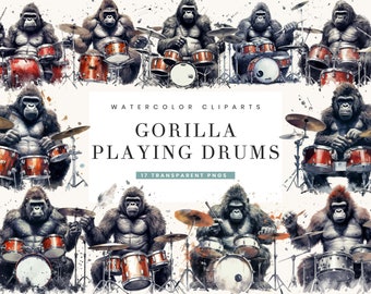 May include: Watercolor illustrations of gorillas playing drums. The gorillas are depicted in various poses, with some holding drumsticks and others striking the drums. The illustrations are set against a white background with splashes of watercolor paint.