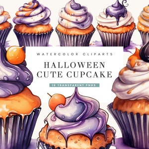 16 Aquarell Halloween Cupcake Clipart Bundle, digitaler Download, Sublimationsdesigns, sofortiger Download Png-Dateien, kommerzielle Nutzung