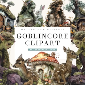 May include: A digital clipart set of 30 watercolor illustrations featuring whimsical goblincore characters, including fairies, deer, mushrooms, and houses. The illustrations are in a whimsical style with a focus on nature and fantasy.
