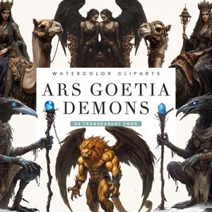 Puede incluir: Ilustraciones de acuarela de demonios del Ars Goetia, un grimorio de demonología. Las ilustraciones presentan una variedad de demonios, incluyendo un demonio parecido a un león con alas, un demonio parecido a un cuervo con un bastón y una demonio con una corona y un bastón. Las ilustraciones están en un estilo oscuro y atmosférico, con un enfoque en el detalle y el realismo.