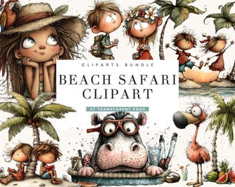 May include: A digital clipart bundle titled "Beach Safari Clipart" featuring whimsical illustrations of children, animals, and tropical elements. The artwork includes a girl with a parrot, a hippo with goggles, and a flamingo.
