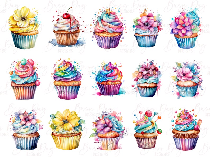 31 Watercolor Cupcake Clipart bundle , watercolor clipart, digital download, instant download, digital prints, commercial use image 2