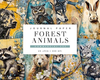 May include: A digital collage of 25 forest animal illustrations, including a raccoon, owl, wolf, rabbit, and bear. The images are set against a background of blue, yellow, and white watercolor washes. The text "JOURNAL PAPER FOREST ANIMALS COMMERCIAL USE 25 JPEG | 300 DPI" is displayed in the center of the collage.