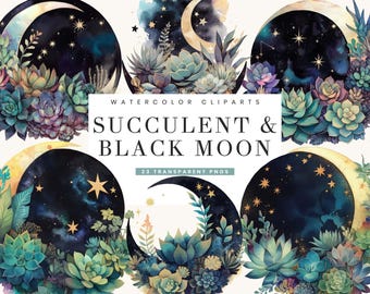 Watercolor Succulent & Black Moon Clipart Bundle (Digital Download)