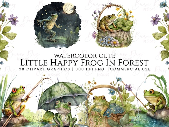 Watercolor Frog Clipart Bundle: Happy Frog PNG Images (Digital Download)