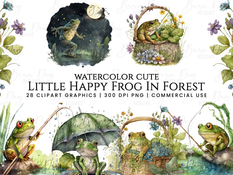 May include: Watercolor clipart set of 28 illustrations featuring cute green frogs in a forest setting. The frogs are depicted in various poses, including sitting in a basket, fishing, and relaxing under an umbrella. The illustrations are perfect for adding a touch of whimsy to your designs.