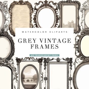 48 Grey Vintage Frames Clipart Bundle Sublimation Designs Printable Art Instant Download Watercolor Clipart Line art Print, Png Files
