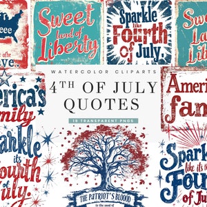 19 citations aquarelles du 4 juillet Bundle de cliparts pour sublimation de dessins et modèles en téléchargement numérique, impressions numériques, éclat du 4 juillet