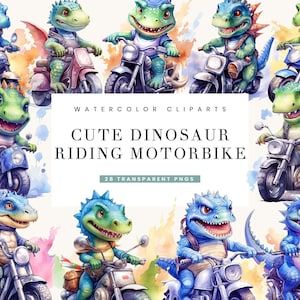 28 Watercolor Dinosaur Riding Motorbike Clipart Bundle, Sublimation Designs, Instant Download Watercolor Clipart Digital Print