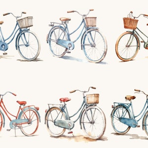 May include: Five watercolor illustrations of vintage bicycles with wicker baskets. The bicycles are in various colors, including blue, green, and red. The bicycles have a classic design with high handlebars and wide tires.