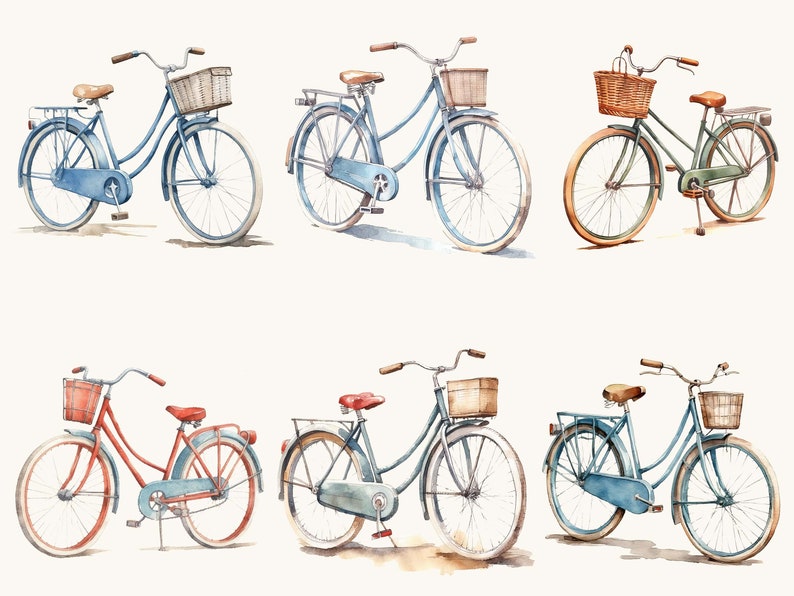 May include: Five watercolor illustrations of vintage bicycles with wicker baskets. The bicycles are in various colors, including blue, green, and red. The bicycles have a classic design with high handlebars and wide tires.