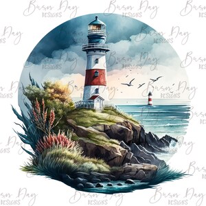 May include: A watercolor painting of a lighthouse on a rocky coastline. The lighthouse is white with red stripes and a black roof. The sky is blue with white clouds. The sea is blue and green with white waves. There are trees and bushes in the foreground.