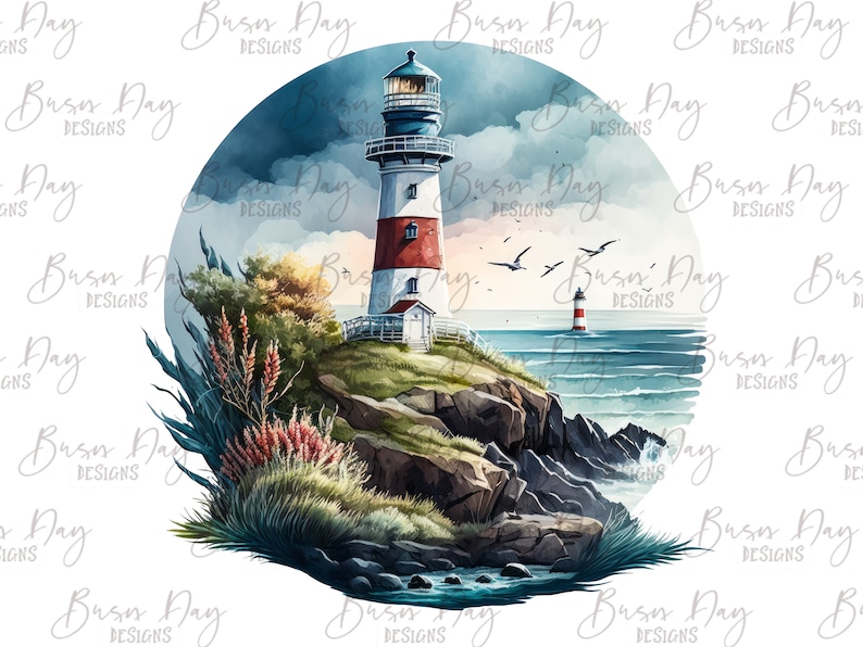May include: A watercolor painting of a lighthouse on a rocky coastline. The lighthouse is white with red stripes and a black roof. The sky is blue with white clouds. The sea is blue and green with white waves. There are trees and bushes in the foreground.