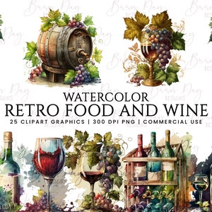 Watercolor Retro Food and wine Clipart , watercolor clipart, digital download, instant download, digital prints, commercial use