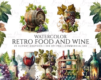May include: Watercolor clipart set of retro food and wine illustrations. The set includes a barrel, grapes, wine bottles, wine glasses, and a wine rack. The illustrations are in a vintage style and are perfect for adding a touch of whimsy to your designs.
