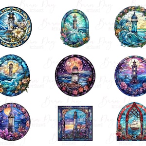 May include: Nine colorful stained glass illustrations of lighthouses with various backgrounds, including seascapes, starry nights, and floral arrangements.