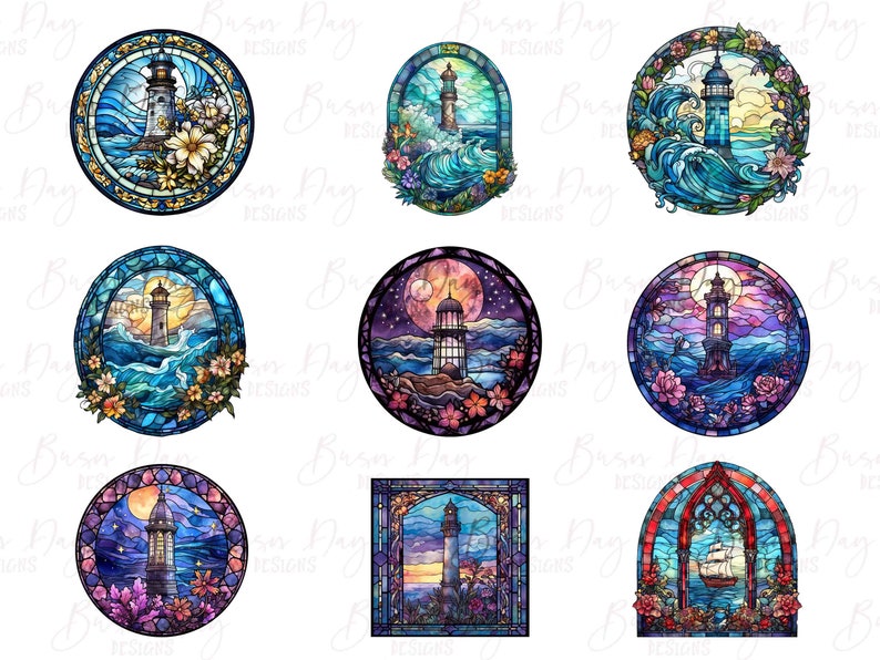 May include: Nine colorful stained glass illustrations of lighthouses with various backgrounds, including seascapes, starry nights, and floral arrangements.