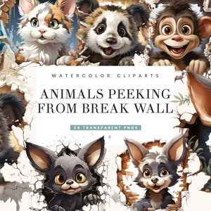 34 animales asomando desde Break Wall Clipart Bundle Diseños de sublimación Descarga digital, Impresiones digitales Descarga instantánea, Imágenes prediseñadas de perros