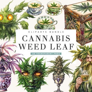 Peut inclure: Ensemble de cliparts à l'aquarelle avec des illustrations de feuilles de cannabis et de mauvaises herbes. Comprend des créatures fantaisistes, des tasses à thé, un coffre décoratif et des plantes en pot. Le texte indique "Cannabis Weed Leaf" et "40 PNG transparents".