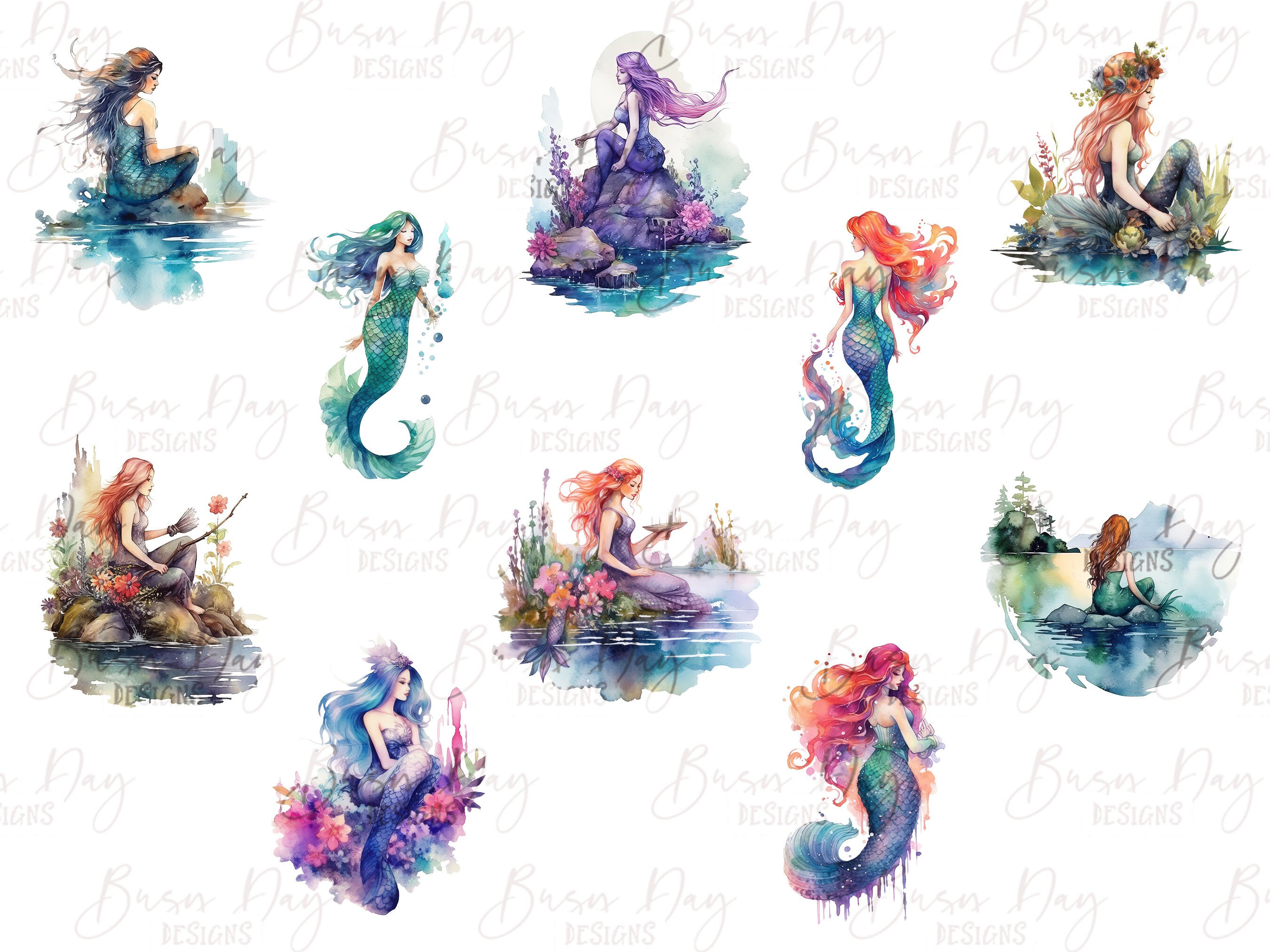 Watercolor Mermaid Clipart Bundle: 30 PNG Graphics (digital Download ...