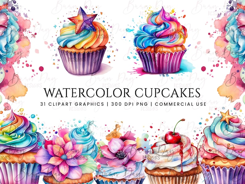 31 Watercolor Cupcake Clipart bundle , watercolor clipart, digital download, instant download, digital prints, commercial use image 1