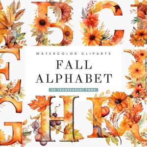 26 Watercolor Fall Alphabet Clipart Bundle Digital Download Printable Wall Art, Sublimation Designs Instant Download Png Files