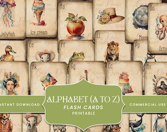 Vintage Alphabet Flash Cards A to Z: Printable ABC (Digital Download)