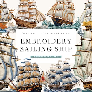 Paquete de imágenes prediseñadas de velero con bordado en acuarela (descarga digital)
