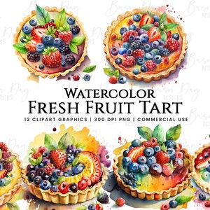 12 uroczych akwarelowych świeżych owoców tarty sceny, tom 2, zastosowanie komercyjne, owoce clipart, scrapbooking, jedzenie, lato, jagody, winorośl, pole