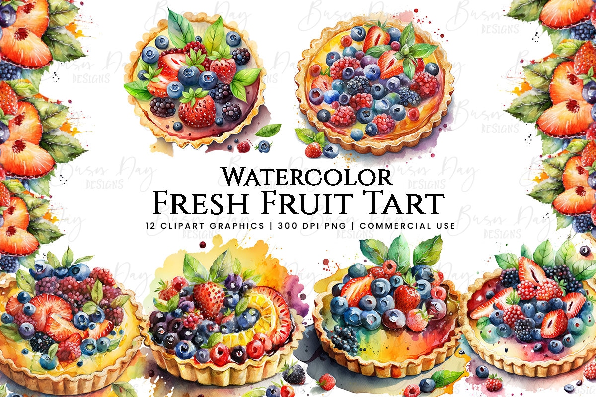 水彩フルーツタルトのクリップアート：夏のベリーの風景（商用利用