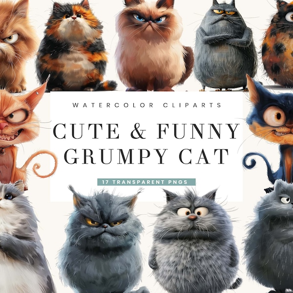 17 Watercolor Cute and Funny Grumpy Cat Clipart Bundle Sublimation Designs Digital Print Instant Download, Digital Files, Digital Download