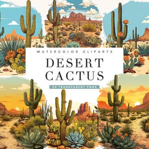 Paquete de 26 diseños de sublimación de cactus del desierto en acuarela, descarga digital, impresiones digitales, arte imprimible, archivos PNG de cactus del desierto