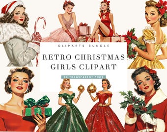 May include: A collection of retro Christmas girls clipart. The image features illustrations of women in vintage holiday attire, including dresses, coats, and Santa hats. The color palette includes red, green, gold, and white, with the text "RETRO CHRISTMAS GIRLS CLIPART" and "36 TRANSPARENT PNGS".