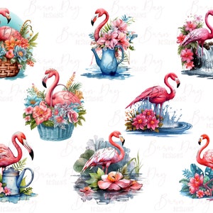 Peut inclure: Une illustration num&eacute;rique de neuf flamants roses dans diff&eacute;rentes poses, entour&eacute;s de fleurs et de feuillages tropicaux. Certains flamants roses sont dans un panier, une th&eacute;i&egrave;re, une cascade et un &eacute;tang.