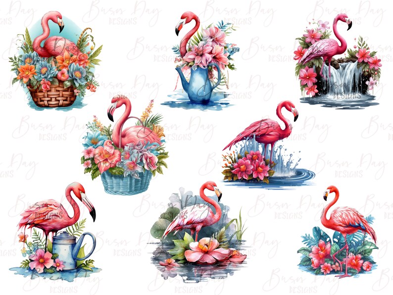 Peut inclure: Une illustration num&eacute;rique de neuf flamants roses dans diff&eacute;rentes poses, entour&eacute;s de fleurs et de feuillages tropicaux. Certains flamants roses sont dans un panier, une th&eacute;i&egrave;re, une cascade et un &eacute;tang.