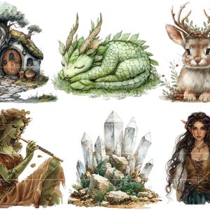 May include: A digital illustration set featuring a green dragon, a brown rabbit with antlers, a crystal formation, a green-skinned fairy playing a flute, and a female elf with brown hair and a brown leather bodice.