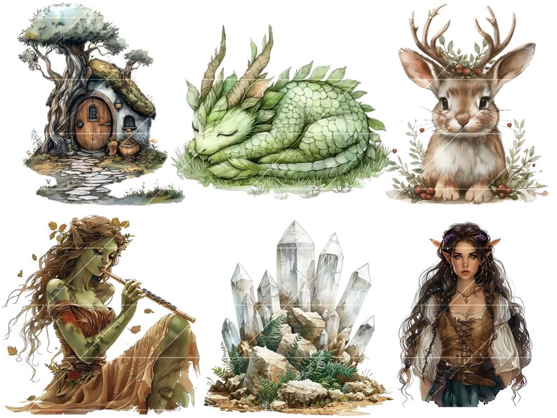 May include: A digital illustration set featuring a green dragon, a brown rabbit with antlers, a crystal formation, a green-skinned fairy playing a flute, and a female elf with brown hair and a brown leather bodice.